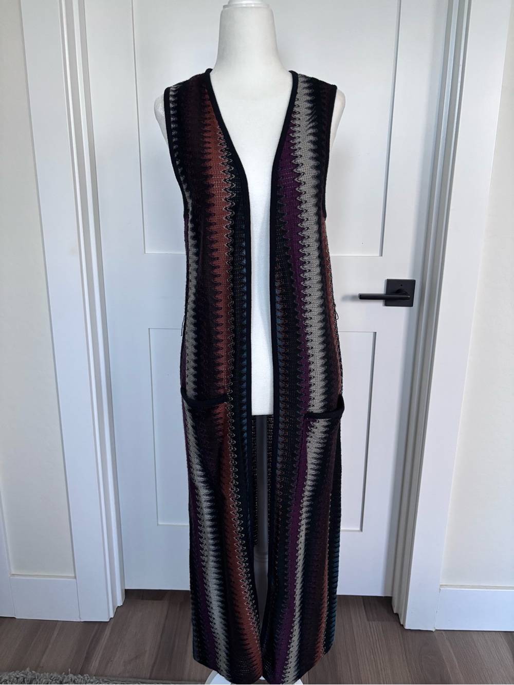 Sleeveless Striped Long Knit Vest in Black, Brown & Purple